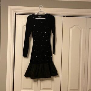 Frank Lyman cruise night bling ruffle hem midi dress. Black knit w rhinestones